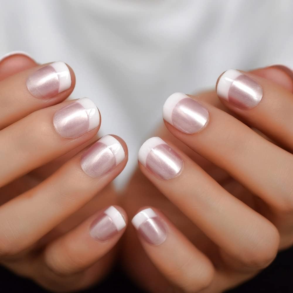 iBeautying Press on Nails - Pearl Shine Pink French False Nails | UV Full Cover Finish Short White Round Shape Reusable Fake Nails in 10 Sizes - 24 Nail Kit with Jelly Glue Pad