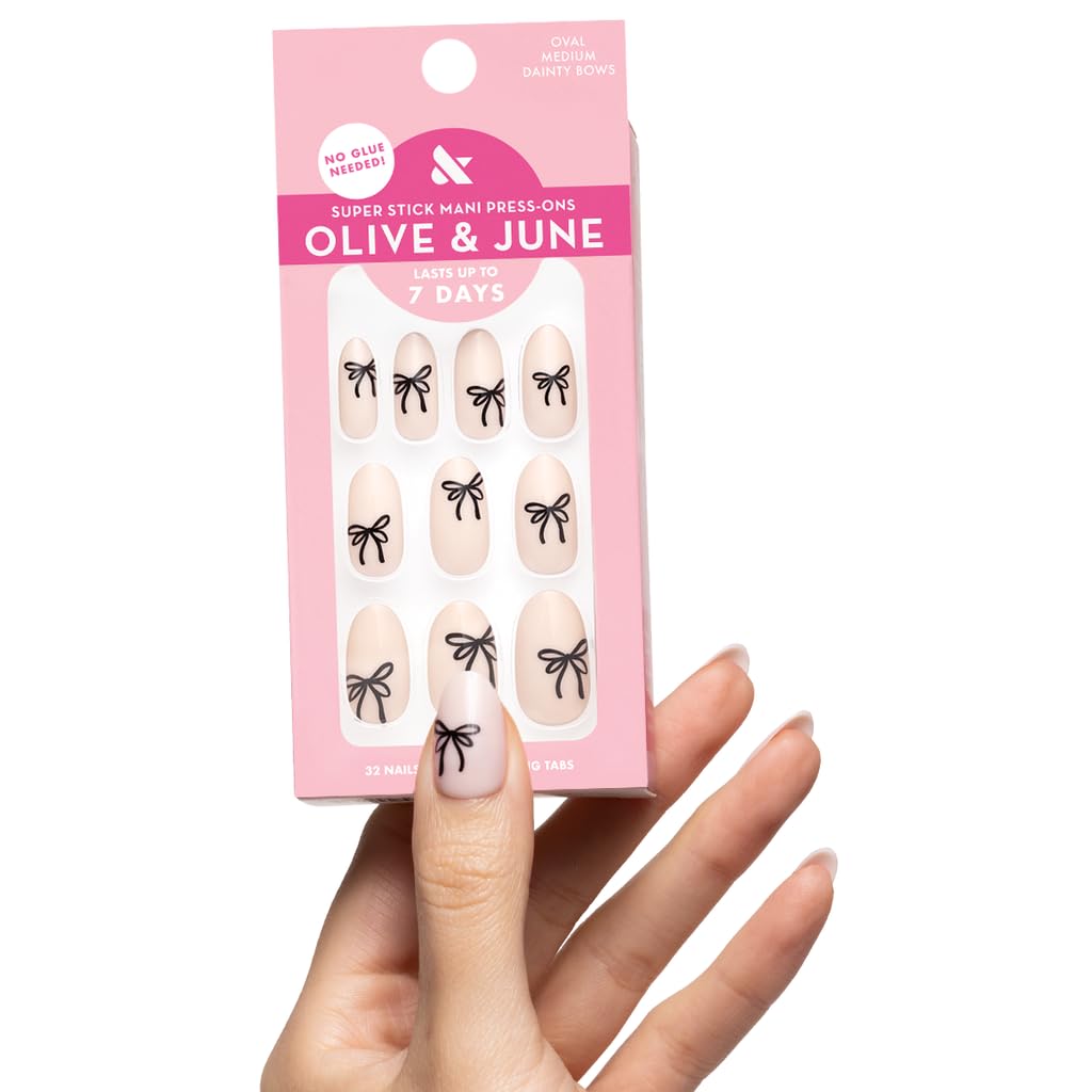 Olive & June Classic Super Stick Mani Press On Nails | No Glue Needed | 32 Tab Nails 16 Sizes | Non-Toxic Tabs Easy On-Off Non-Damaging Realist Look | 7-Day Wear | Short, Round| Dainty Bows