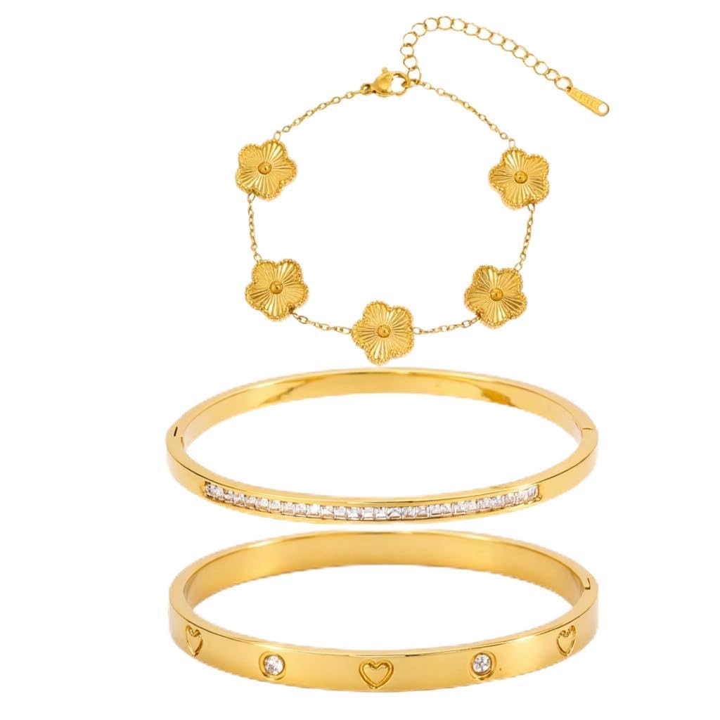 Acnode Gold Clover Bracelets for Women - Stackable Stainless Steel Nail Bracelet, Friendship & Love Bangle - Trendy Jewelry Set, Ideal Birthday Gift (Gold 3PCS)