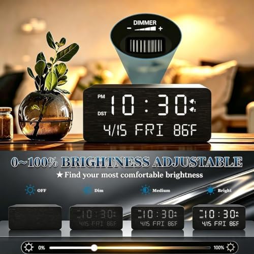 Premium Black Wooden Digital Alarm Clock with Wireless Phone Charger, Dual USB Charging Ports, Dimmable LED Display, Date and Day of Week, Small Digital Desk Clock for Bedroom Nightstand Bedside Table