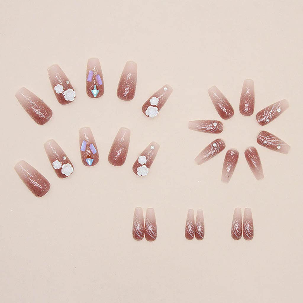 RikView Coffin Press on Nails Long Acrylic Nails with 3D Flowers Pink Fake Nails Glossy Nails for Women 24 PCS/Set