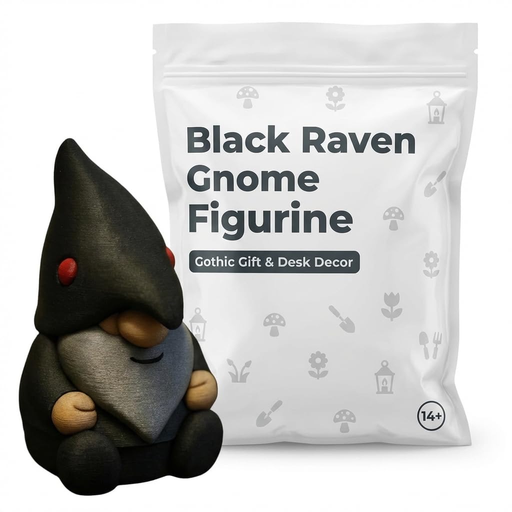 Gothic Raven Gnome Figurine - Striking Black and Gray Decorative Accent for Home or Office - Unique Gift for Fantasy Lovers - 3D Printed in Canada