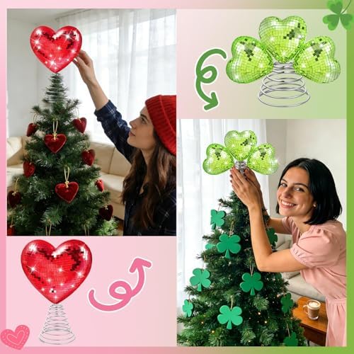 2PCS St Patrick's Day Tree Topper, 10 & 7 Inch Heart Shamrock Tree Topper, Disco Sequin Ball Treetop, Red Green Iron Metal Glitter Treetop for Wedding Holiday Party Decor