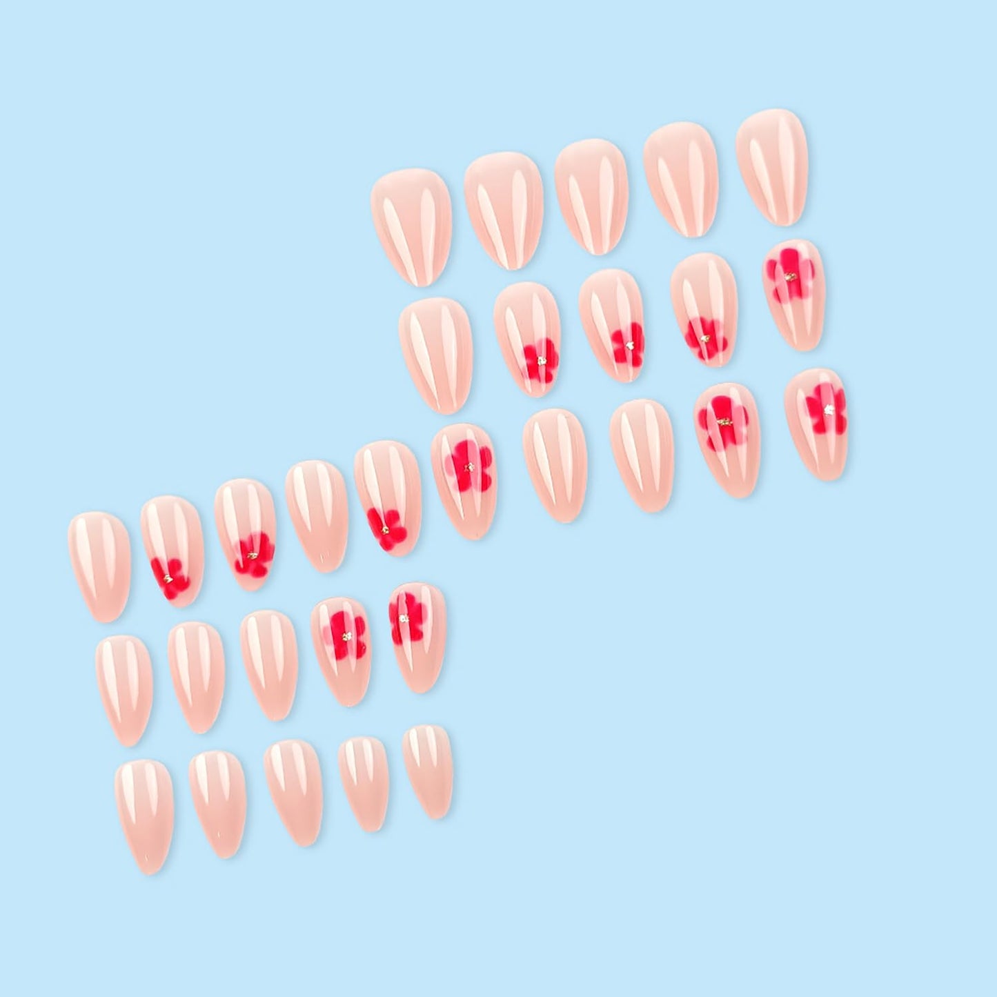 Short Press on Nails Almond Nails Pink Flower Press Ons with Design Cute Fake Nails Glossy Press on Nail Nude Pink False Nails Reusable Acrylic Nails for Women 24 Pcs