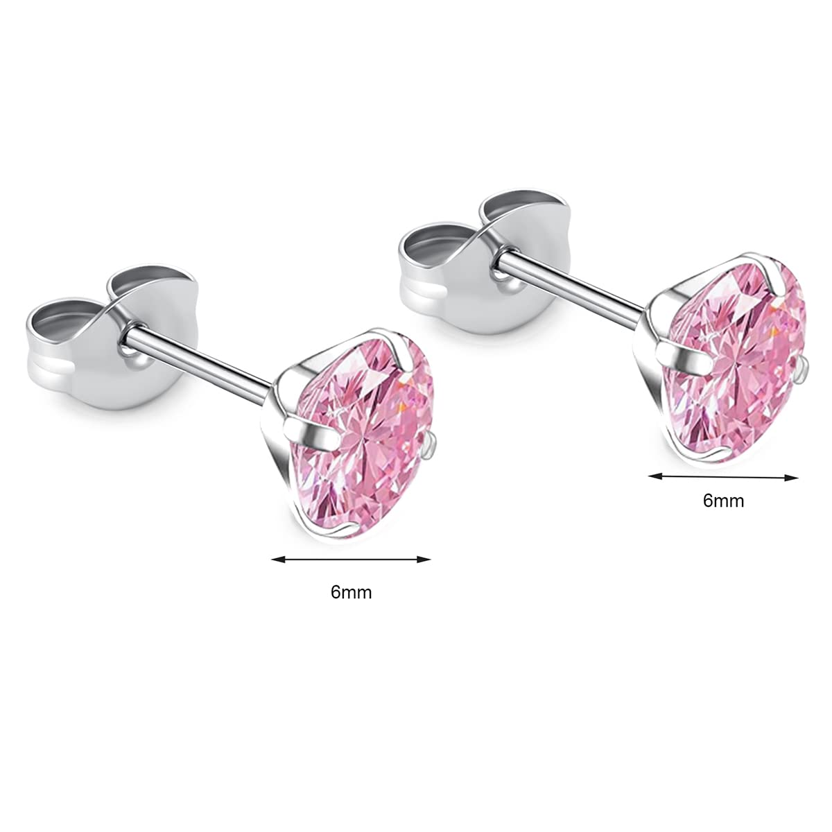 1 Pair Implant Grade Titanium Stud Earrings Set Hypoallergenic 3mm 4mm 5mm 6mm Cubic Zirconia G23 Titanium Earring Studs for Women Men for Sensitive Ear (6mm pink)