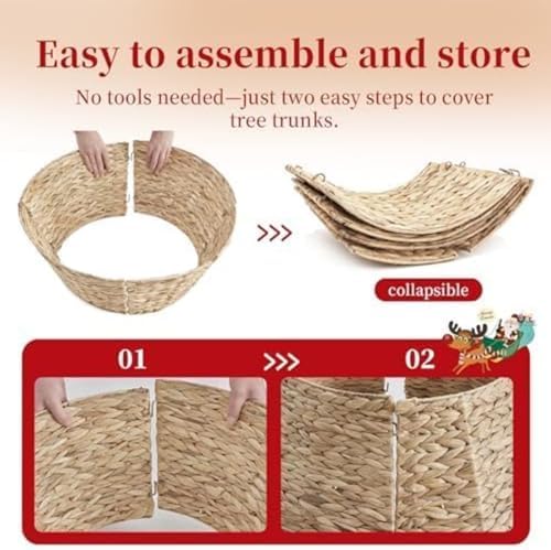Sweetcrispy 42inch Christmas Tree Collar for 9ft to 12ft Trees, Woven Hyacinth Rattan 4-Panel Collar w/Cord Access Hole & Easy Lock Design, Handwoven Natural