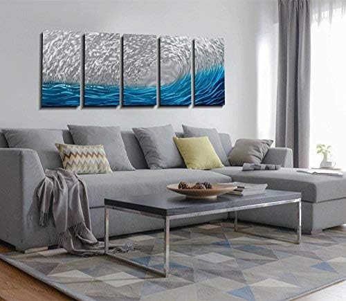 Yihui Arts Metal Wall Art - Silver Sea Waves 3D Sculpture, 5 Piece Hand Crafted Aluminum Coastal Artwork for Large Abstract Living Room, Bedroom, Bathroom Decor - Blue