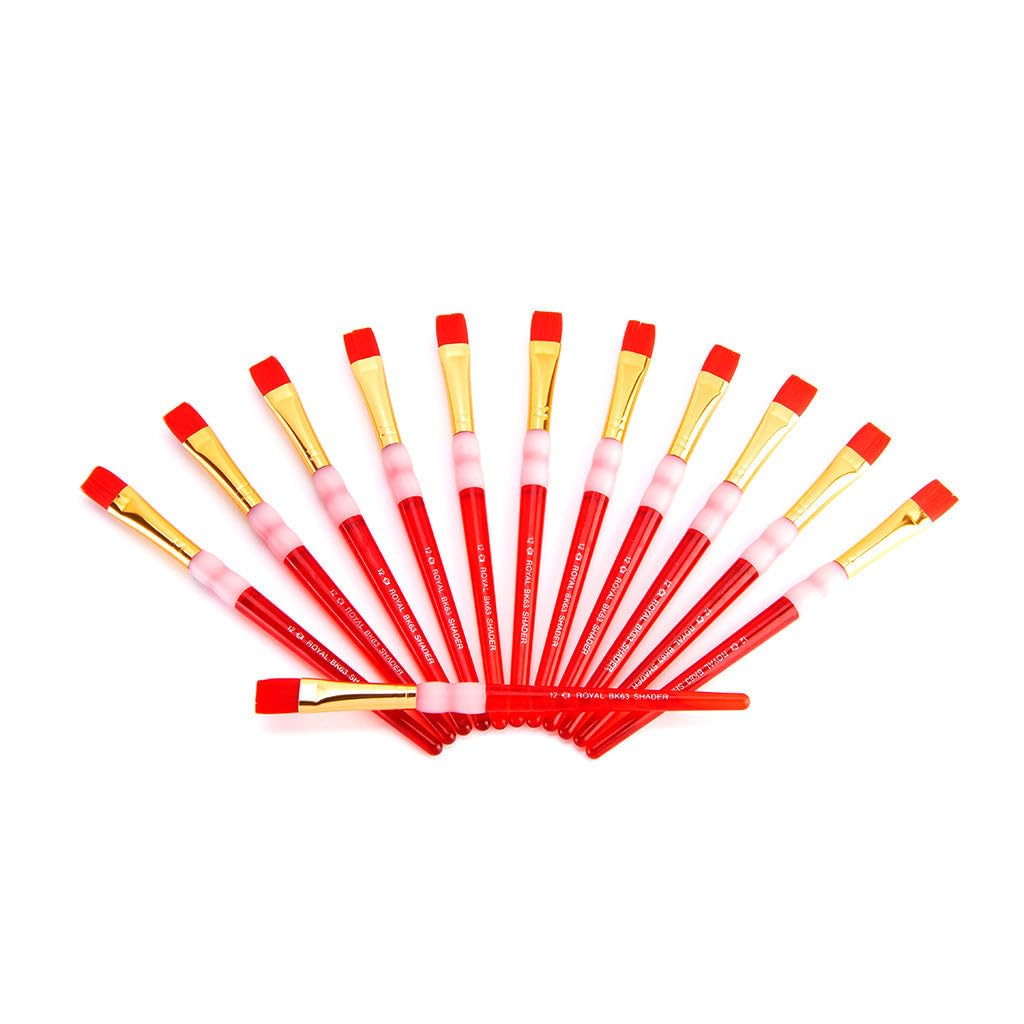 Royal Brush Big Kids Choice Flat Synthetic Hair Soft Rubber Grip Handle Paint Brush, Size 12, Pack of 12