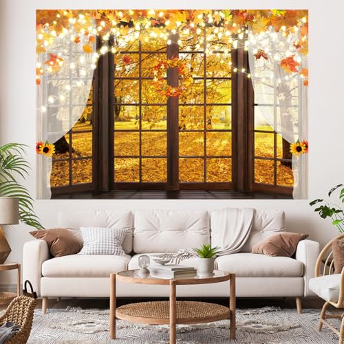 Hilioens 7x5ft Fall Windowsill Backdrop Autumn Forest Photography Background for Kids Photoshoot Maple Leaf Natural Scenery Banner Decoration Party Supplies Photo Studio Booth Props - size: 7x5ft