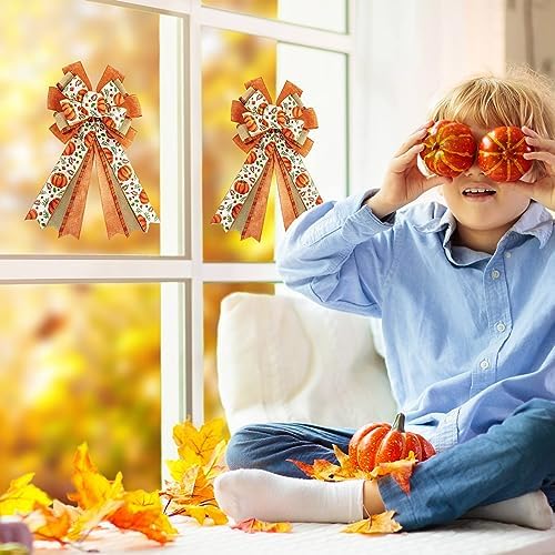 Whaline 2 Pack Fall Wreath Bow Pumpkin Print Burlap Bow Autumn Decorative Tree Topper Ornaments Gift Bows for Thanksgiving Birthday Wedding Party Supplies Indoor Outdoor Home Decor, 19.7 x 11.4 Inch