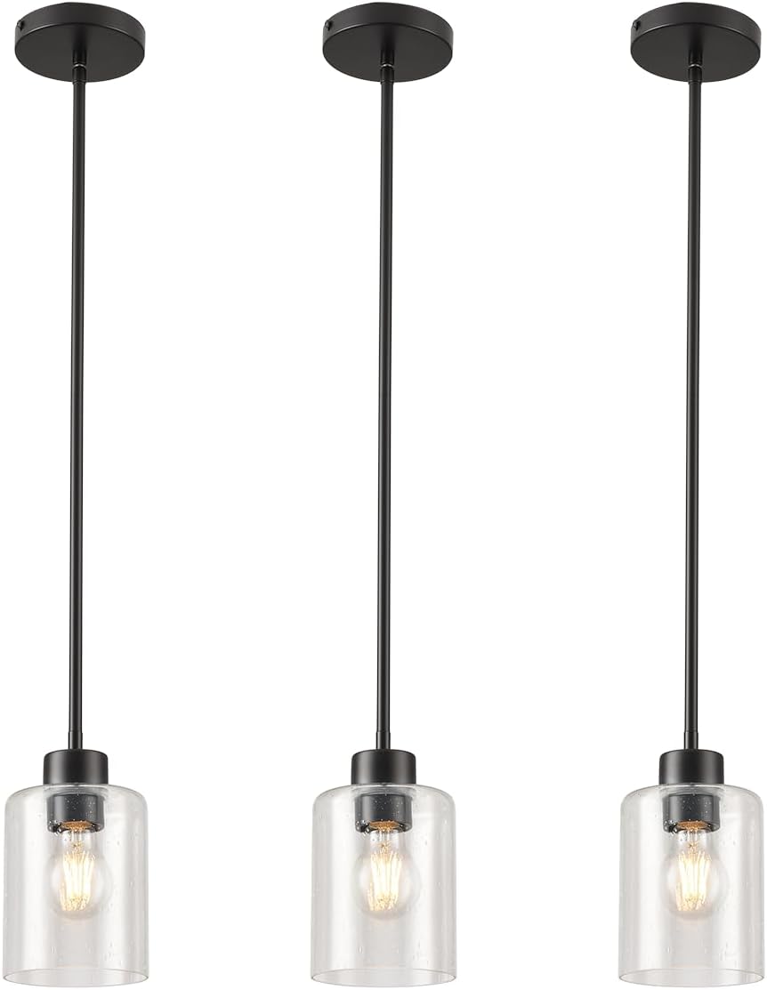 Black Pendant Lights Kitchen Island - Seeded Glass Pendant Light Fixture Multiple Stems Rods (3 Pack with Rod seeded Glass)