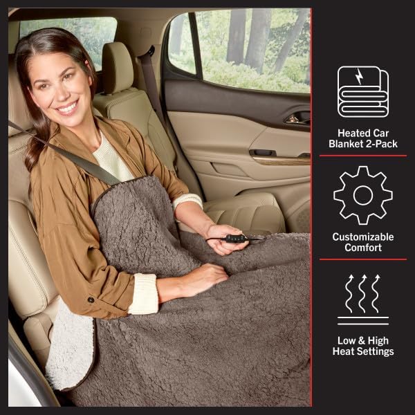 Stalwart Heated Car Blanket 2-Pack - 12V Heated Blanket for Car, RV or Camping - 57x39” Portable Electric Travel Throw - 2 Heat Levels - Tailgating Essentials (Gray)