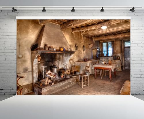 5x3ft Old Farmhouse Kitchen Backdrop Western Old Wooden House Kitchen Interior Rustic Background Rural Farmhouse Fireplace Cooking Background Farmers Cowboys Portrait Photo Props - size: 5x3ft