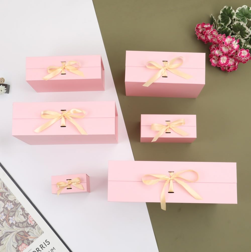 BoxSkivra Large Gift Boxes with Lids 5 Pack 13X11X5.3 Inch Large Pink Gift Box with Ribbon Foldable Gift Boxes for Presents、Graduation、Birthdays、Valentine's day、Shredded Paper for Gift Box with Cards