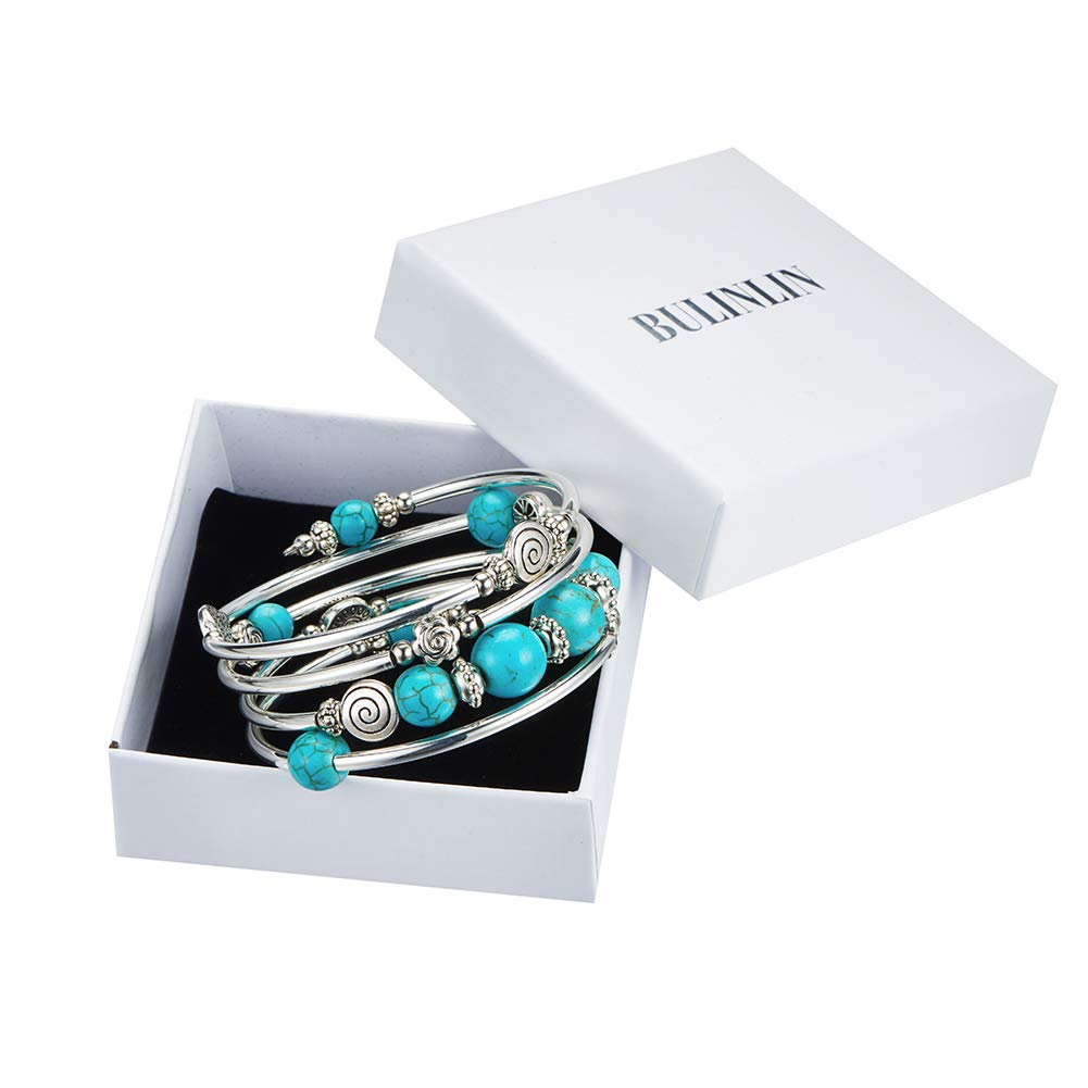 BULINLIN Bead Wrap Bangle Pearl Bracelet - Silver Metal Bracelet Gifts For Women(02-Turquoise)