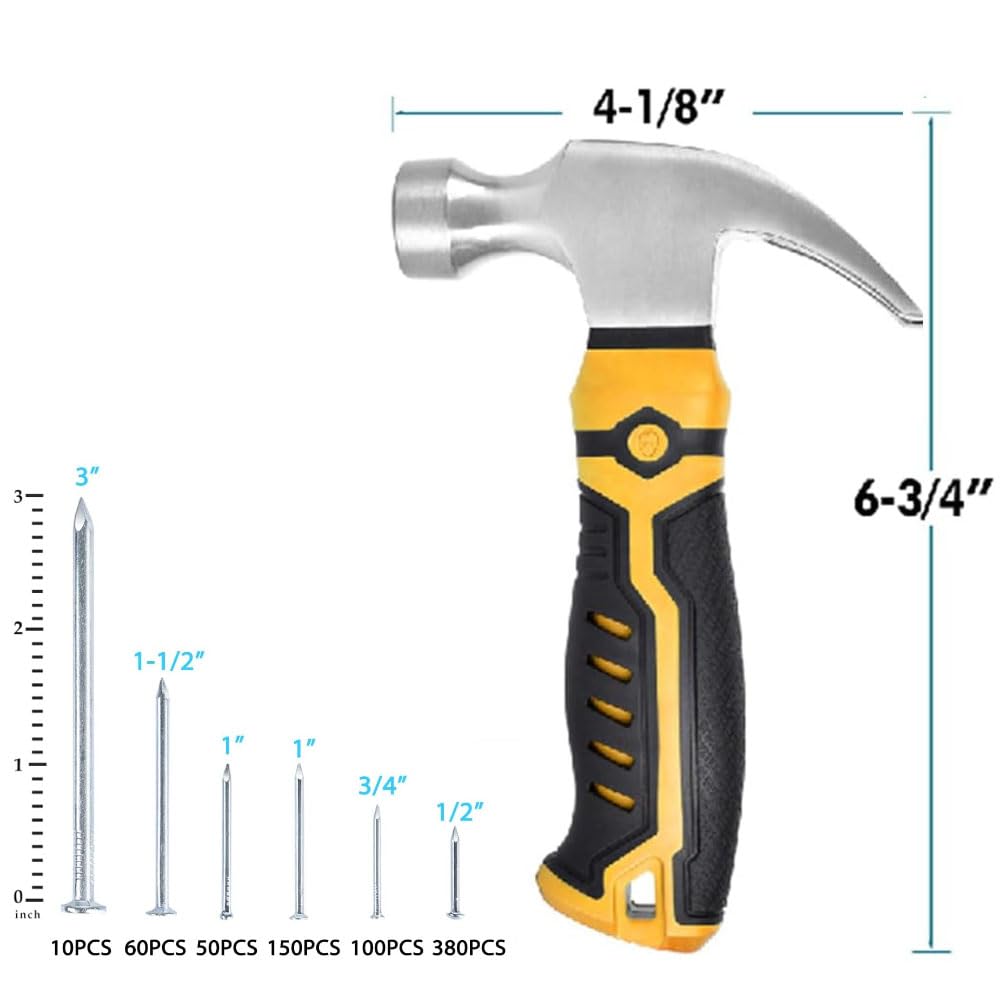 750pcs Nails Assortment Kit and 8oz Claw Hammer, Hammer With Hardware Nails Set for Home, DIY, Camping, Tent Stakes
