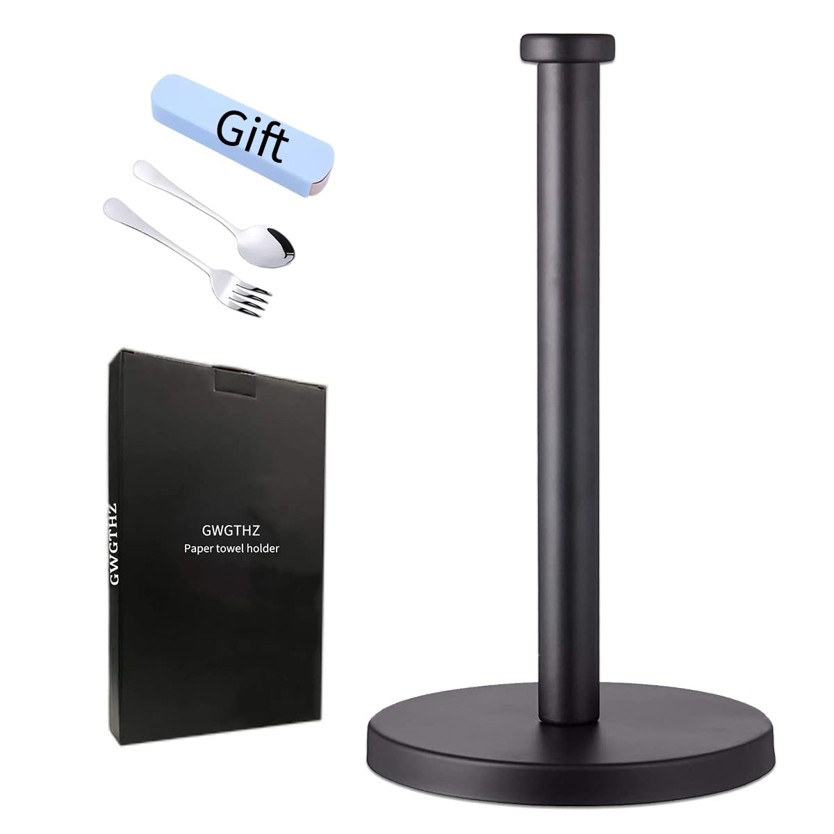 GWGTHZ Black Standing Paper Towel Holder for Kitchen& Bathroom Countertop,Under Counter, Table Or BBQ, Standard or Jumbo-Sized Roll Paper (with Stainless Steel Base)