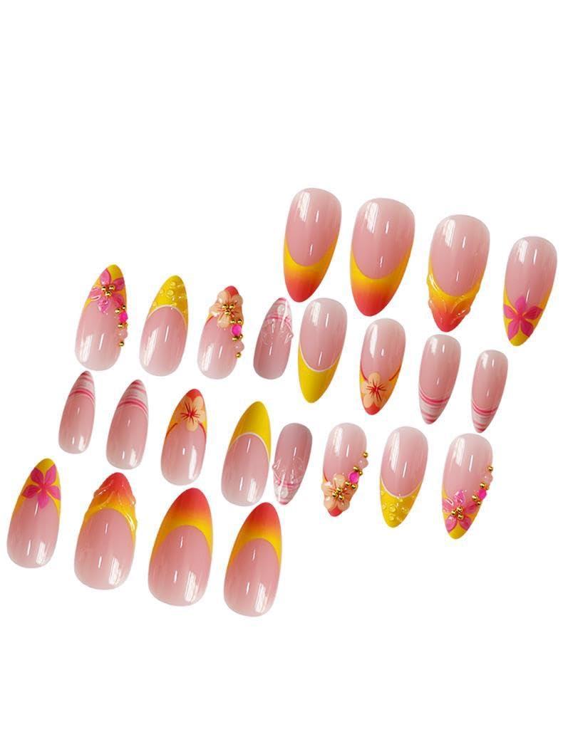 plalely Long Press on Nails Almond,Pink and Yellow Acrylic Press on Nails with Flower Designs, Long Almond Nail Tips for Women 24pcs