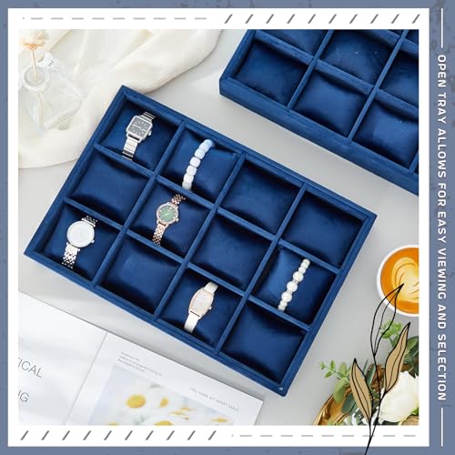 Henoyso 2 Pieces 12 Grid Velvet Watch Tray Jewelry Organizer Stackable Watch Bracelet Bangle Display Holder Adjustable Pillow(Blue) - color: Blue, size: 12 Grid