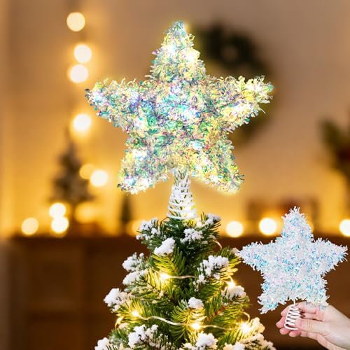 Christmas Tree Topper Star Sparkly Tinsel Star for Christmas Tree Decoration 6 Inch Iridescent Holiday Treetop Stars for Small Tabletop Tree Battery Operated Fairy Light Tinsel Topper for Xmas Tree