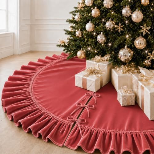 Christmas Tree Skirt,Velvet Tree Skirt with Ruffled Edge, Classic Large Velvet Fur Plush Tree Skirt for Merry Christmas(Rosered,36Inch)