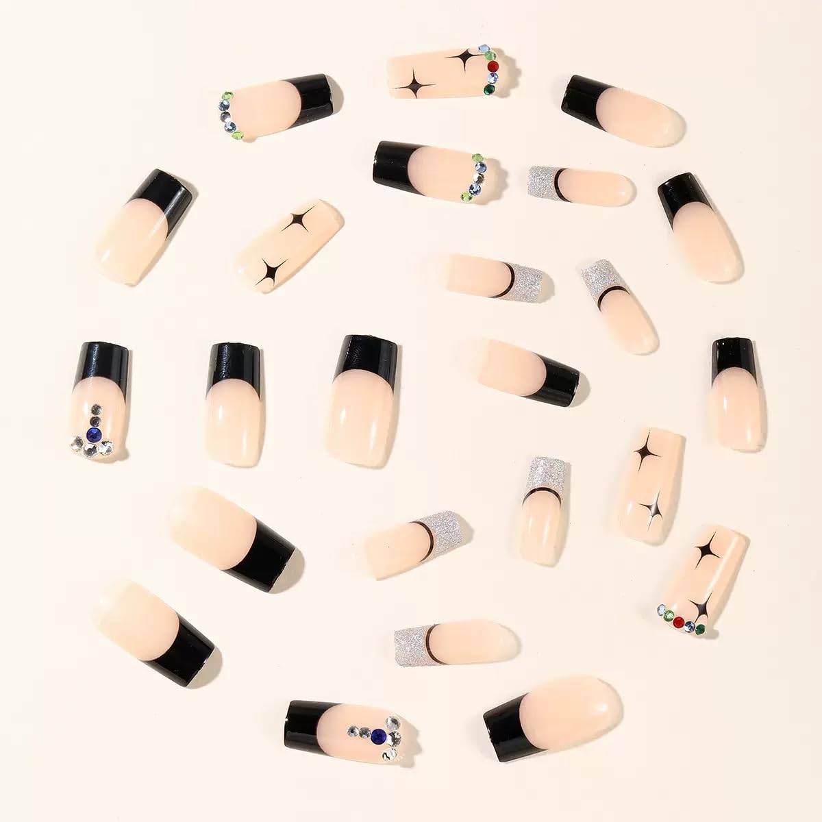Medium Press on Square Nails - Black, Glitter French Tip with Rhinestone Design - Starburst Full Cover Stick on False Nails - for Women 24 Pcs