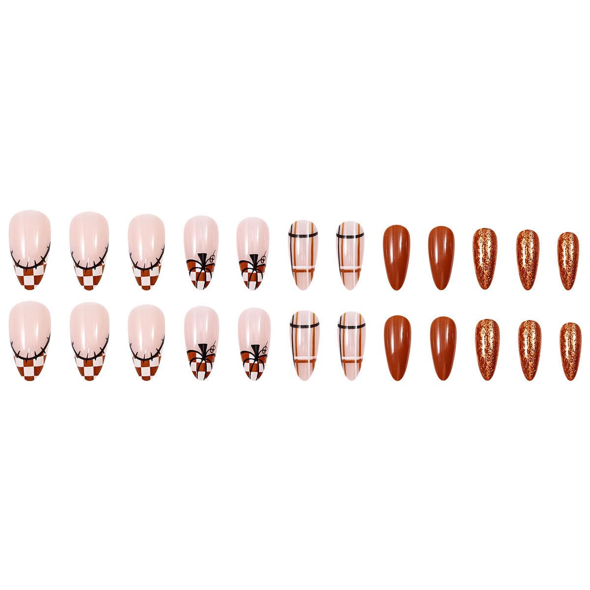 Thanksgiving Pumpkin Press on Nails Medium French Tip Fake Nails with Checkerboard Designs Fall Full Cover Glue on Nails Nude Pink Reusable Autumn Almond False Nails for Women Manicure Kit