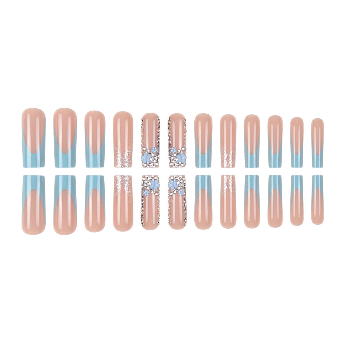 Long Press on Nails Square Fake Nails French Tip False Nails Blue Artificial Nails with Designs Stick on Nails for Women 24pcs