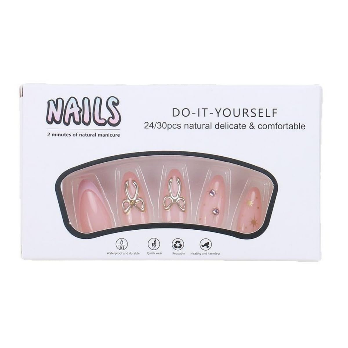 Pink French Tip Press on Nails Medium Almond, Star Diamond Fake Nails with Glue, 3D Gold Bow Stick on Nails Handmade Glossy False Nails for Women DIY Manicure Decoration, 24PCS