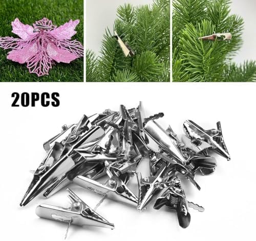 20 Pack Silver Glitter Poinsettia Flower Clips for Christmas Tree Decoration Alloy Ornaments Hanging Tools for Holiday Party Xmas D??cor Festive Seasonal Display