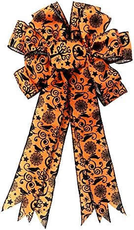 Large Halloween Bows for Wreath, Halloween Wreath Bow Black Orange Burlap Ribbons Spooky Spider Bats Tree Topper Bows for Front Door Indoor Outdoor Decorations Supplies