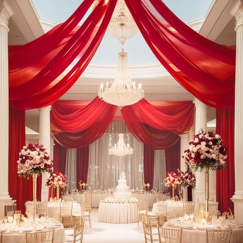 DUOBAO Chiffon Ceiling Drapes 20ft Red Wedding Backdrops 4 Panels 5×20ft Sheer Backdrop Curtains for Reception Wedding Ceremony Dark Red Sheer Arch Drapes Fabric Event Party Supplies - color: Red, size: 60"W x 240"L (Pack of 4)