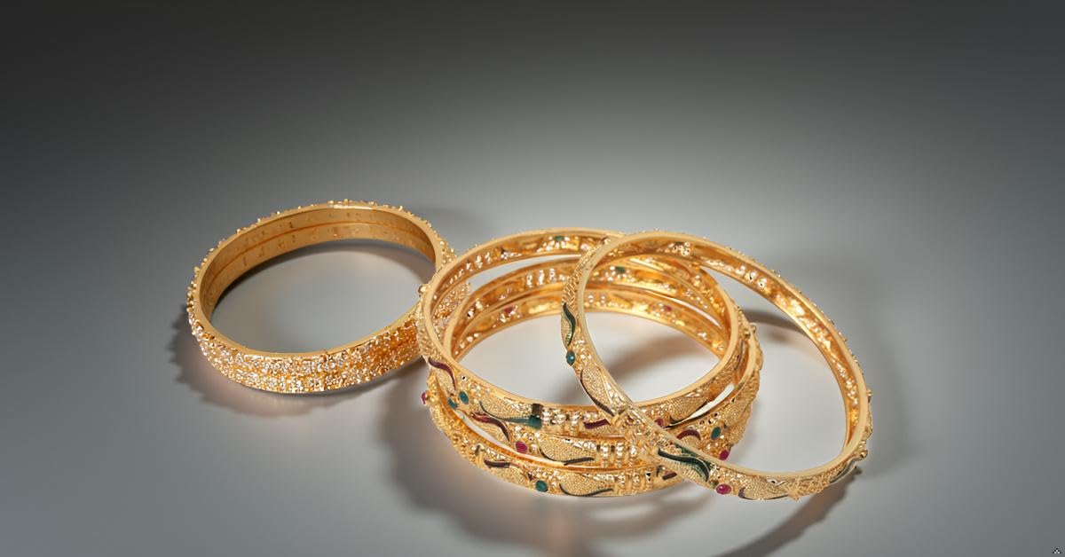 Touchstone "Golden Bangle Collection Indian Bollywood Desire Carved Conch Shell Inspired Faux Ruby Emerald Thick Designer Plus Size Jewelry Bangle Bracelet. Set of 4. In Gold Tone For Women
