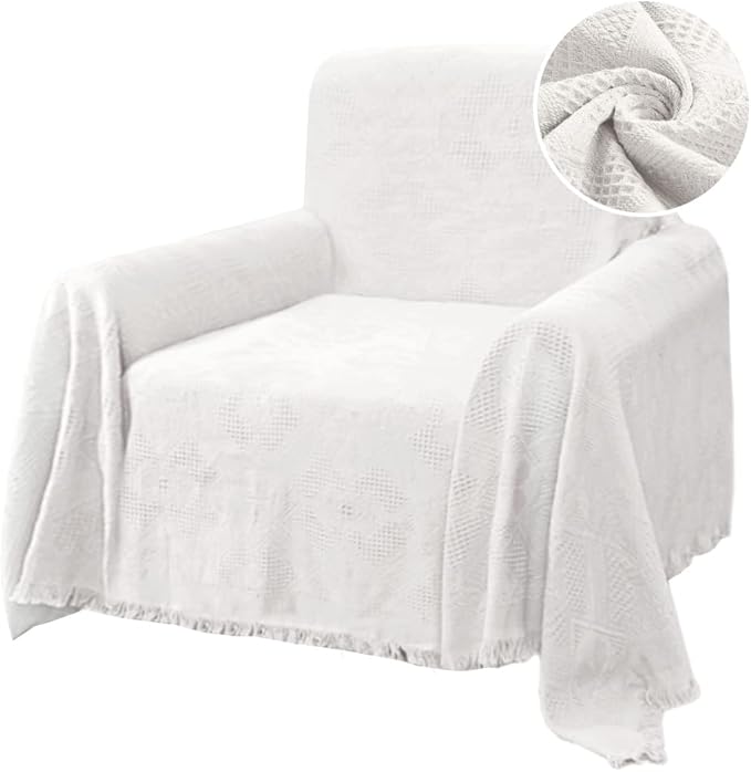 H.VERSAILTEX Cotton Sofa Covers Couch Cover Sofa Slipcover for Most Shape Sofas, Feature Thick Woven Jacquard Seamless with Tassels, Multi-Use Decorative for Couch (Medium: 71" x 91", White)