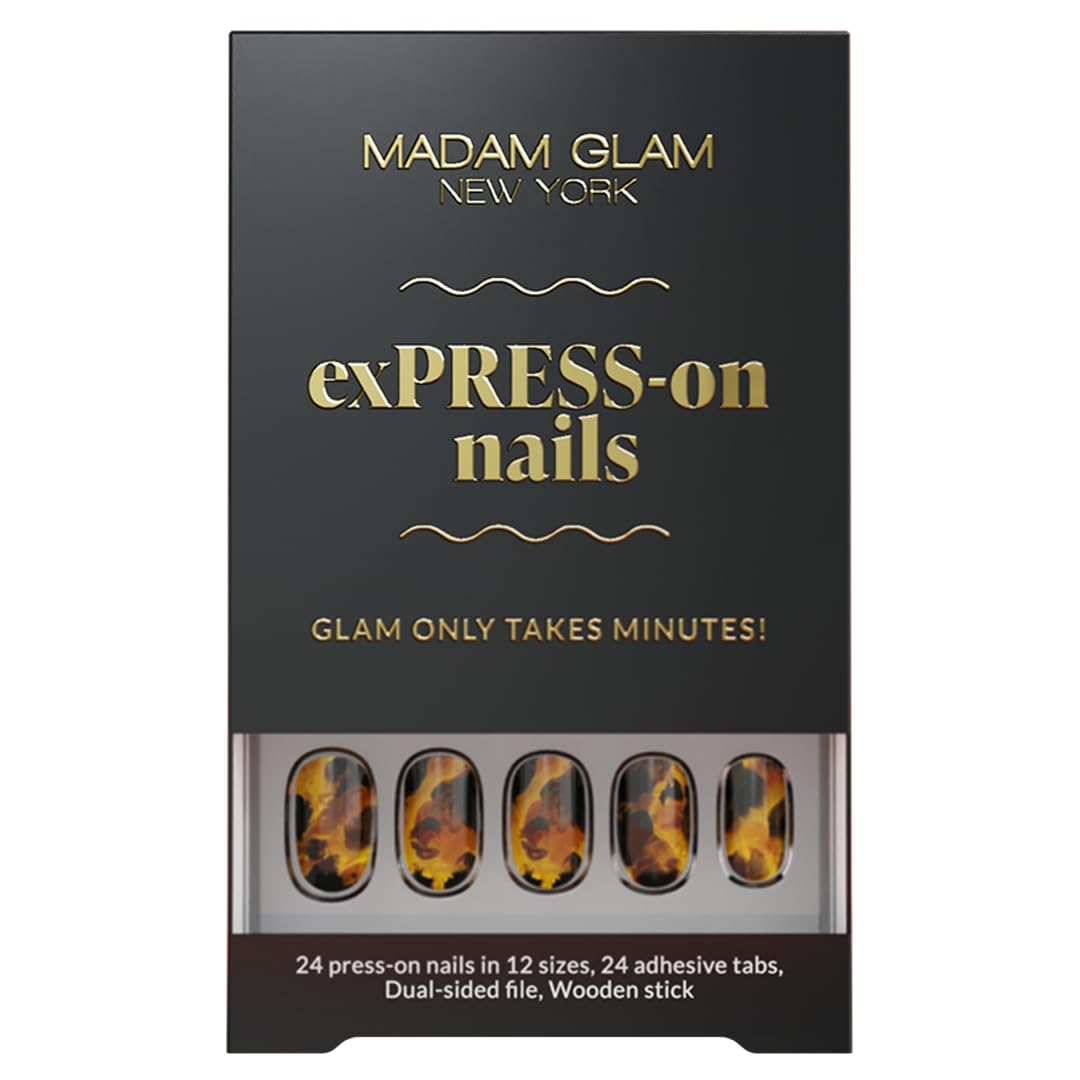 Madam Glam - 24 Press-On Nails in 12 Sizes - Tortoise Shell, Matte Finish - with 24 Adhesive Tabs, Dual-Grit Nail File & Wooden Stick - Quick DIY Nail Application