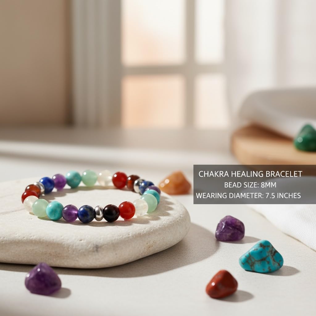 The Vida Handmade AAA+ Quality Crystal Stretch Elastic Bracelet - Nature Gemstone - Jewelry Gift - Holiday Gift - For Women & Men (Chakra)
