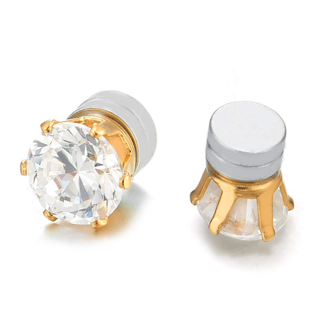 COOLSTEELANDBEYOND Unisex Magnetic Cubic Zirconia Stud Earrings, 6mm Round Gold-Tone Non-Piercing CZ Studs, 1 Pair