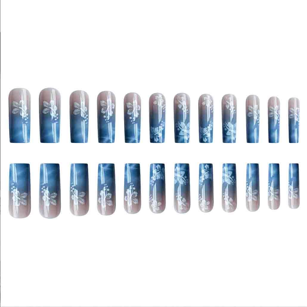 Foccna Square Blue Press on Nails Long,Fake Nails Acrylic False Nails Flower Design,Artificial Blue Nails for Women and Girls, 24 pcs
