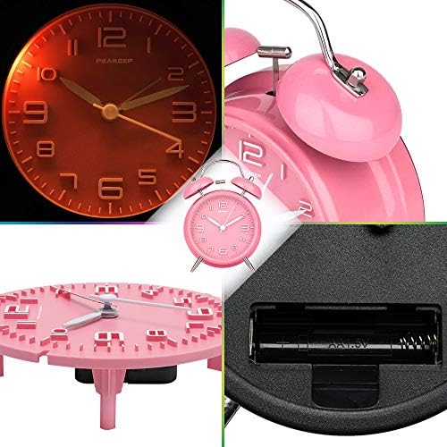 Peakeep 4 Inches Twin Bell Loud Alarm Clock for Heavy Sleepers | Backlight, Battery Operated Old Fashioned Alarm Clock for Bedrooms Kids' Room (3D-Dial, Pink)