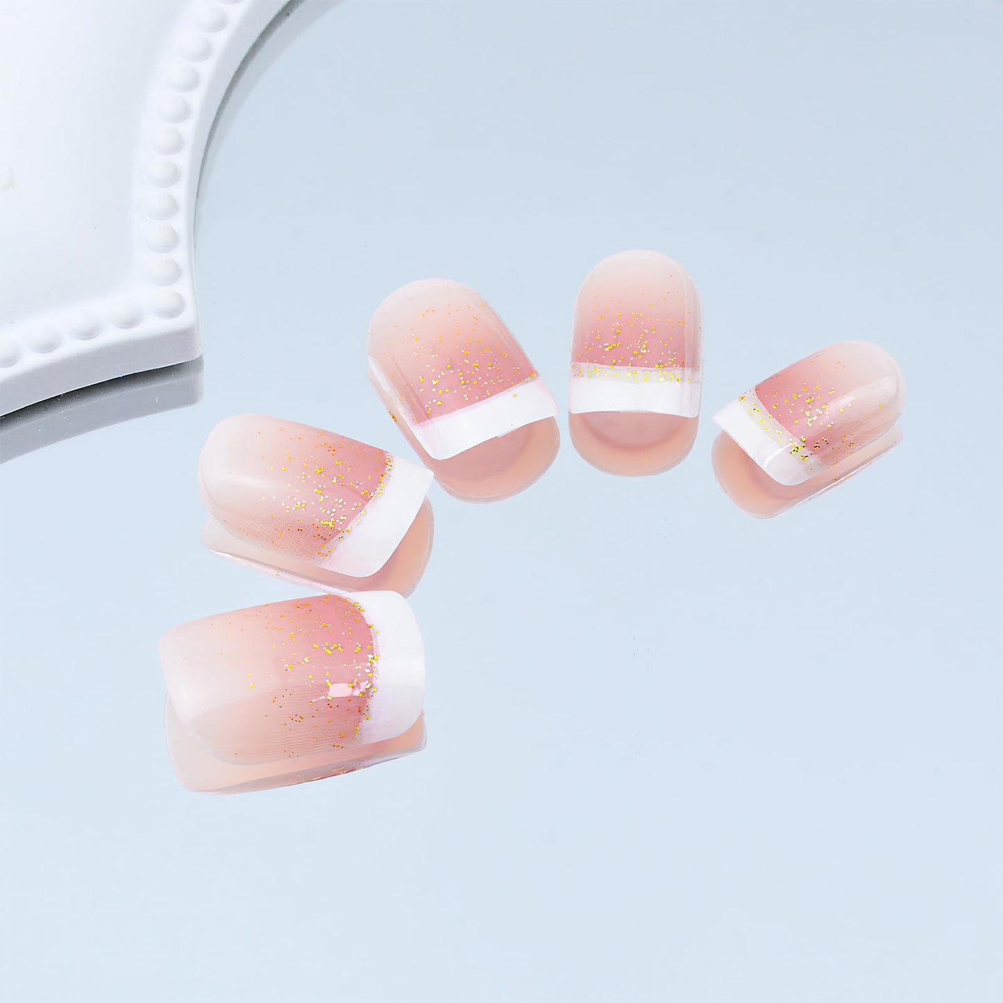 Gradient French Tip Press On Nails Short Square Glitter Pink False Nails Sparkling Gold Design White French Tip Cute False Nails Full Cover Stick On Nails for Women Girls Manicure 24pcs