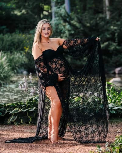 Saslax Soft Stretchy Lace Off Shoulder Doubly Split A-line Skirt Maternity Dress Pregnancy Maxi Gown for Photoshoot - color: Black, size: Medium