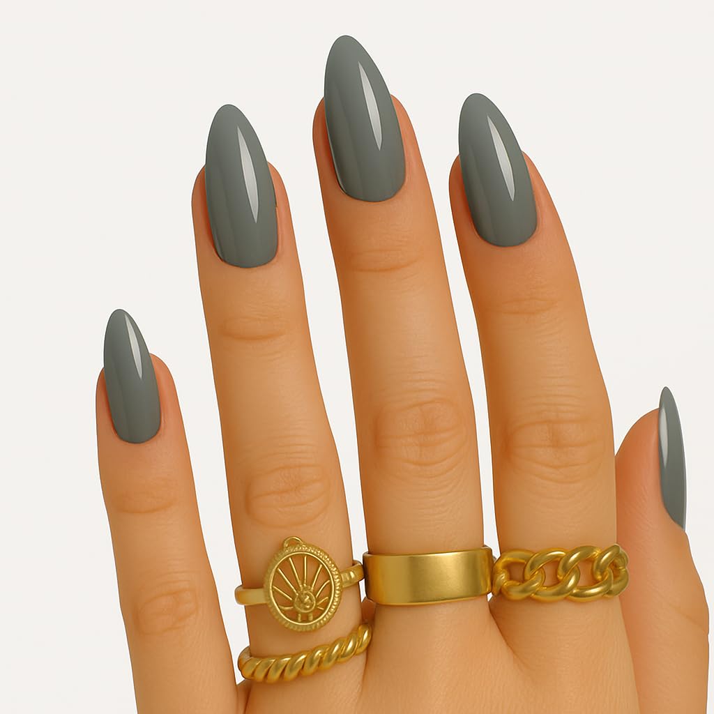 Glossy Slate Color Press On Nails – Almond Shape, Medium Length, 24 PCS Fake Nails with Nail File & Glue Tabs, Reusable ABS Material