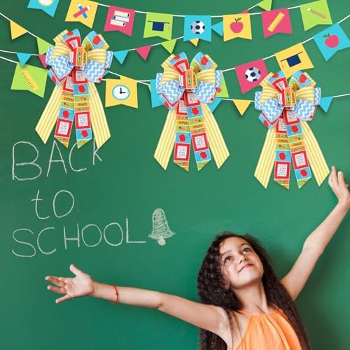 Back to School Wreath Bow, Back to School Decorations Yellow and Blue Stripes Wreath Bow for Tree Topper, Bus, Wall, First Day of School Indoor Outdoor Decorations Supplies