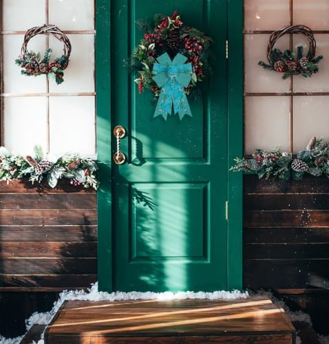 Peacock Bow for Wreath, Blue Green Glitter Peacock Wreath Bow for Christmas Decor, Front Door Indoor Outdoor Wall Tree Topper Decoration Supplies, Birthday Hanging Ornament