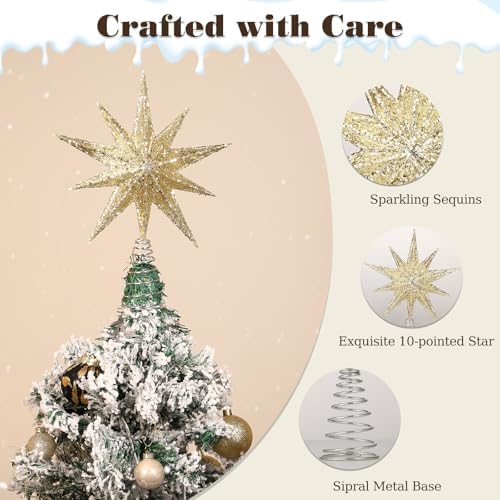 Lewondr Christmas Tree Topper Star, 13inch Xmas Tree Topper with LED Light Beads, Remote & USB Operated 10-Point Star Treetop for Home Christmas Decoration, 6H Timer & 8 Lighting Modes, Gold