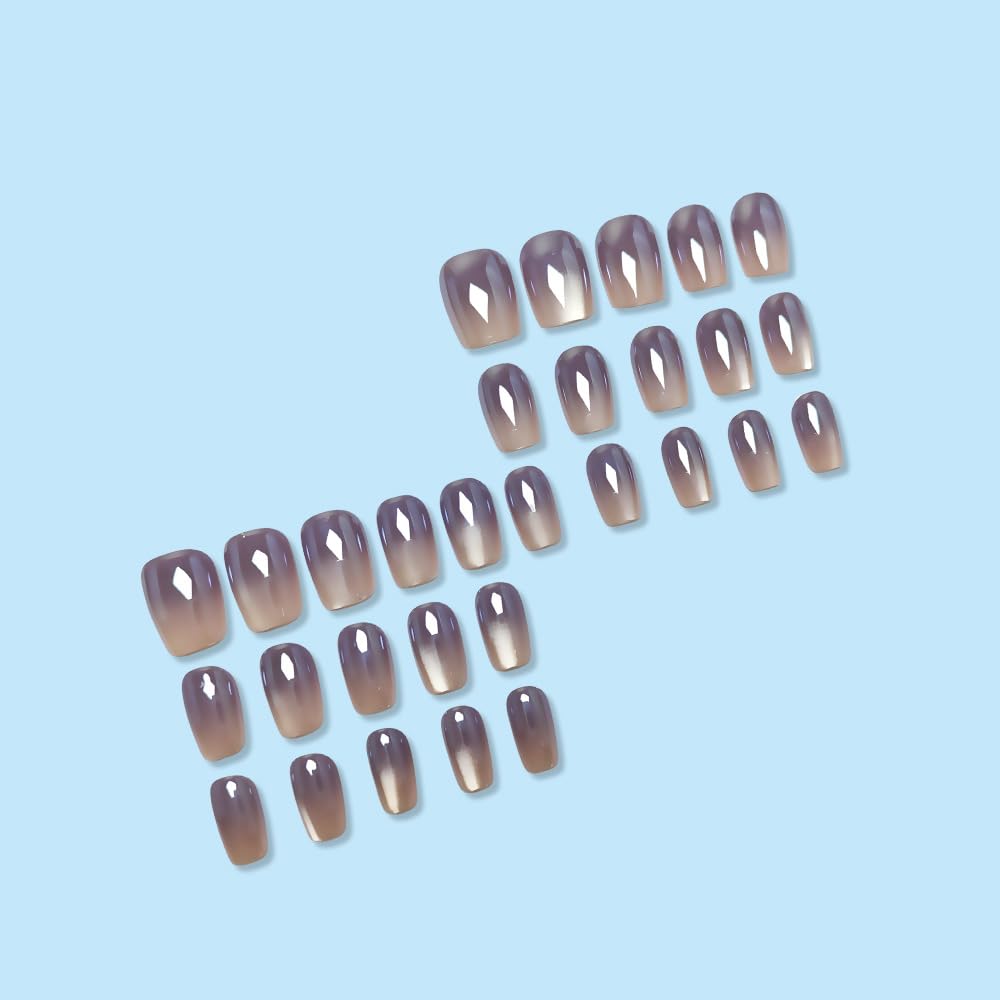 30Pcs Square Press on Nails Chrome Fake Nails Purple Ombre False Nails Glossy Shiny Glue on Nail Press ons Medium Gradient Acrylic Nails for Women Nail Decoration 24Pcs