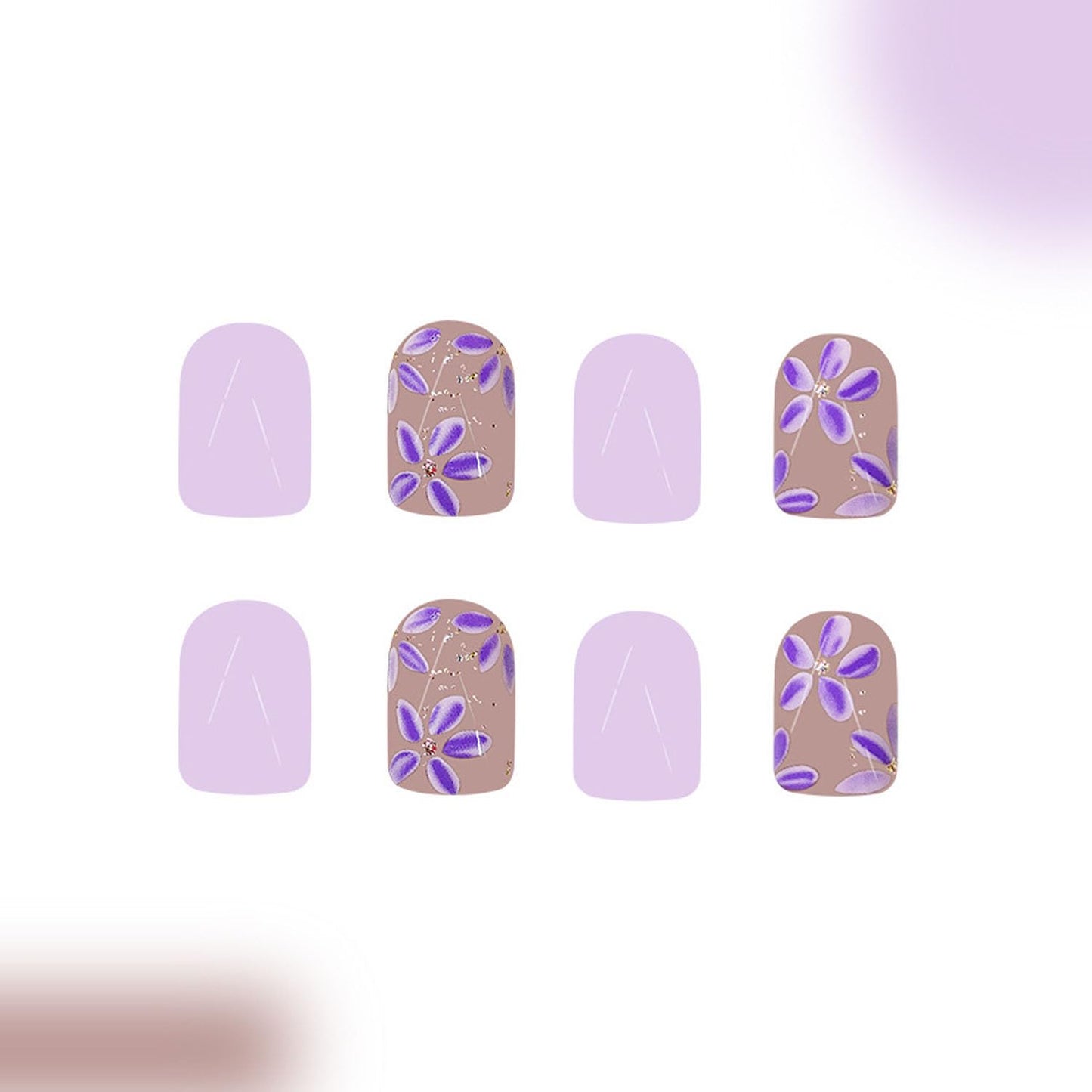 Light Purple Press on Nails Short Fake Nails with Flowers Designs Square Acrylic Nails Cute Full Cover Nails Press ons Gold Glitter & Reusable Stick on Nails for Women 24 Pcs