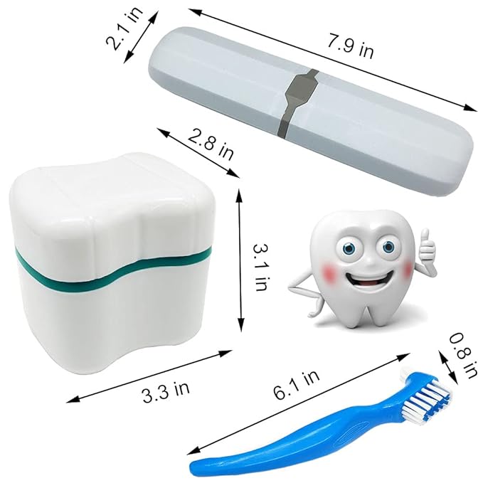 Denture Case Kit with 2 Bath Cups, 2 Brushes & 2 Portable Toothbrush Boxes, Retainer Cleaning Boxes with Lid