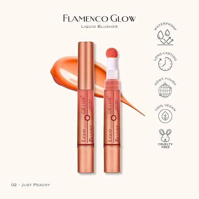 Flamenco Glow Liquid Blush – Just Peachy – Soft Peach Tone with Built-in Sponge Applicator – Lightweight, Blendable, Long-Lasting, Vegan & Cruelty-Free, 6ML/0.21 FL.OZ，pack of