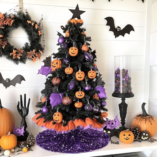 Purple Tree Skirt 21 Inch Glitter Small Sequin Christmas Tree Skirt Round Halloween Tree Skirts Mini Royal Purple Velvet Tree Skirt Christmas Thick Velvet Tree Cover Skirt for 4FT Pencil Tree